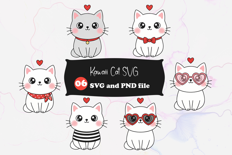 Valentine Kawaii Cat 6 Cute Love Kitty Clipart Cut Files