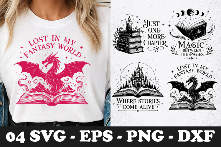 Lost In My Fantasy World Dragon Book Lover SVG Design