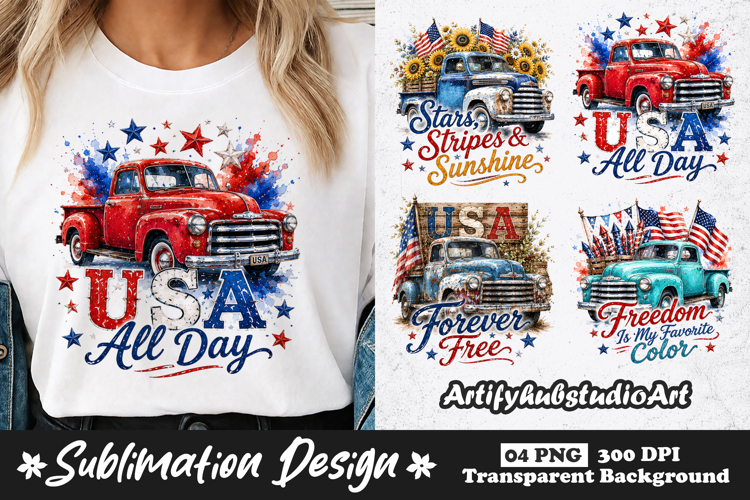 USA All Day Vintage Truck Clipart Sublimation PNG