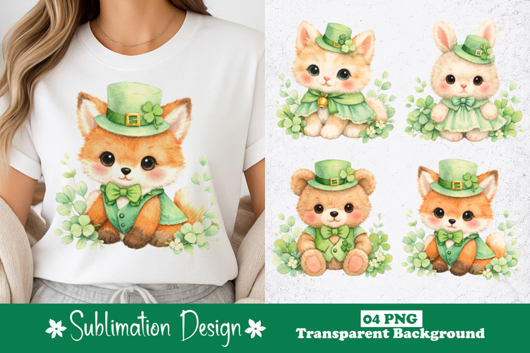 Watercolor Woodland Animals St. Patrick’s Day Clipart