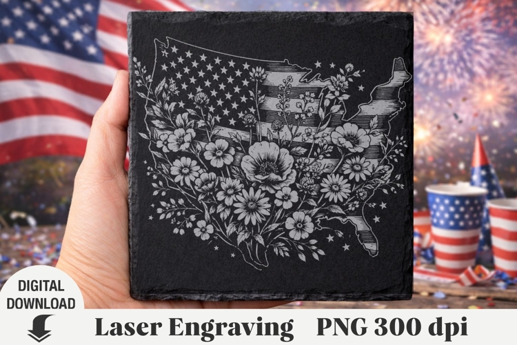 America Laser Engraving, USA flag, 4th of July, flowers