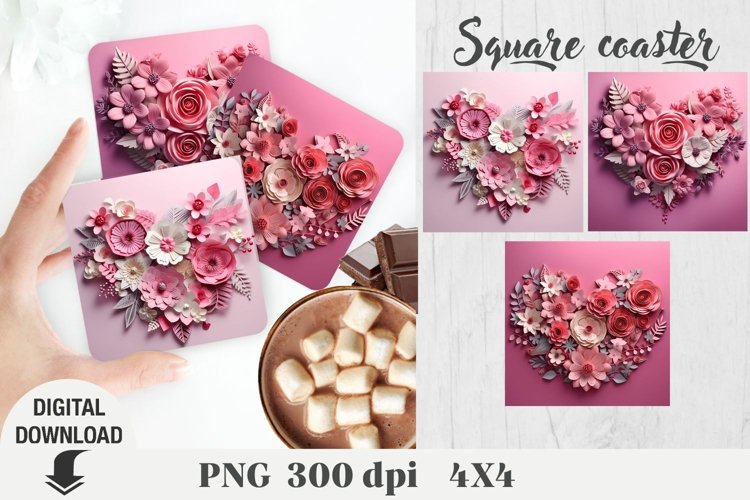 Valentine flowers Square coaster, valentine 3D coaster, 3D example image 1