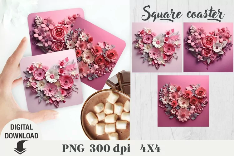 Valentine flowers Square coaster, valentine 3D coaster, 3D