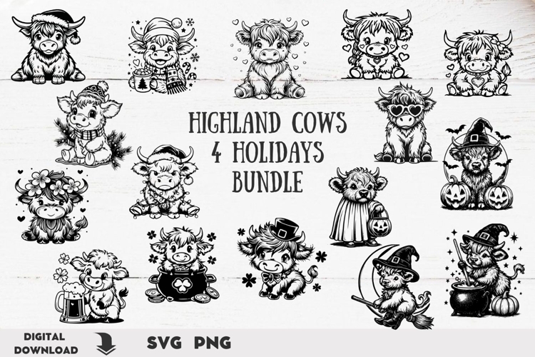 Highland Cows 4 Holidays Bundle, Christmas, valentines day