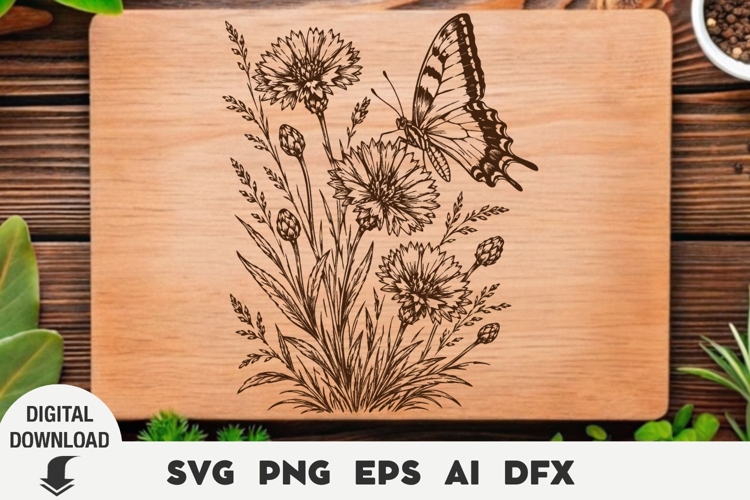 Wildflowers and a butterfly Engraving, Cutting Board, Laser,