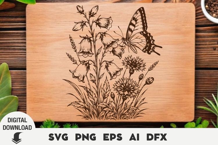 Wildflowers and a butterfly Engraving, Cutting Board, Laser, example image 1