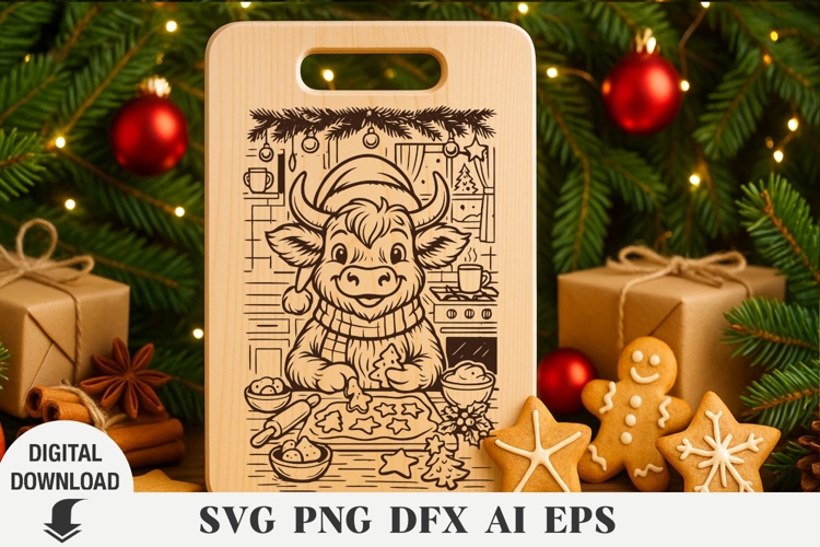 Christmas Highland Cow Laser cut , Cutting board, Christmas