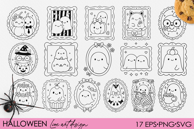 Halloween Kawaii Line Art Bundle, Halloween Frames SVG