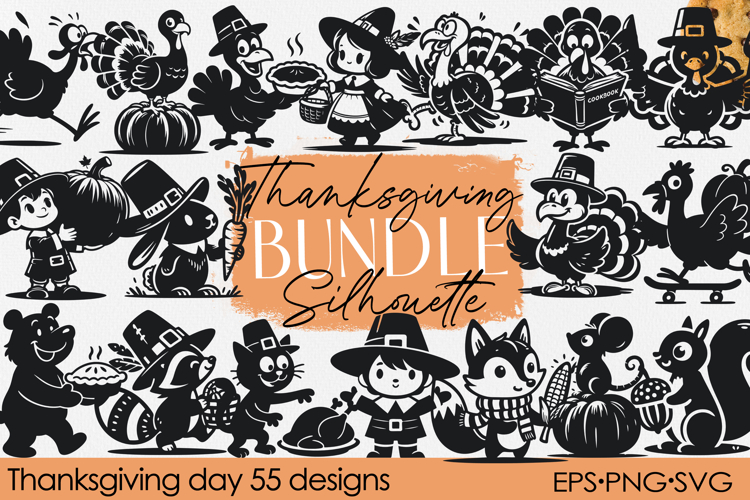 Thanksgiving Cartoon Silhouette Bundle | PNG EPS SVG