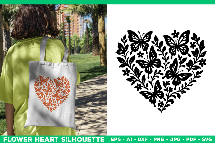 Butterfly Heart SVG Design, Black Floral Silhouette Cut File
