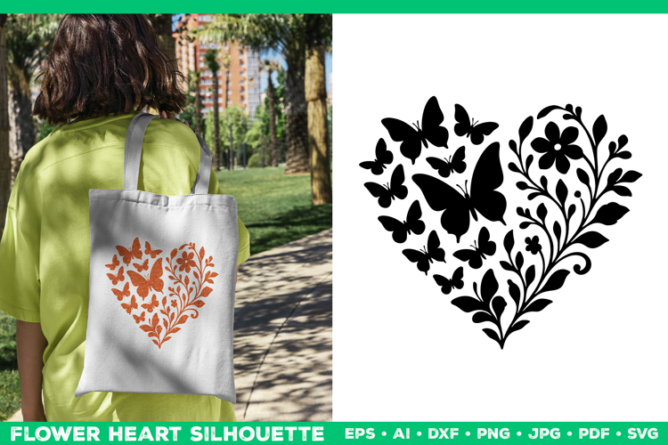 Butterfly Floral Heart SVG Design, Black Heart Silhouette