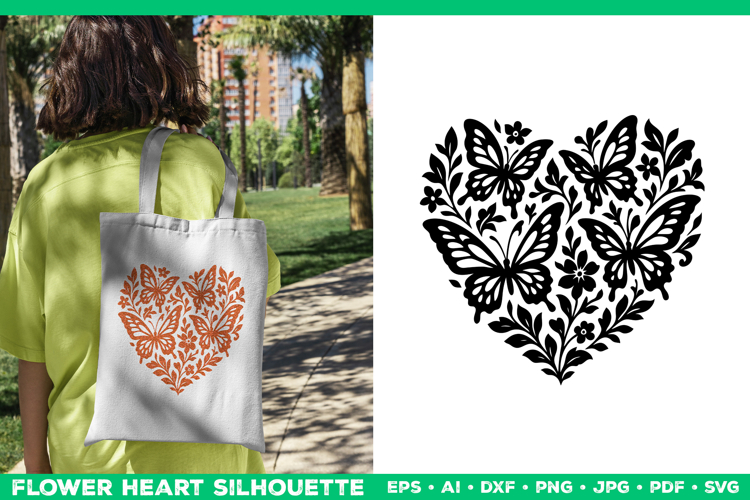 Butterfly Heart SVG Design, Black Floral Silhouette Cut File