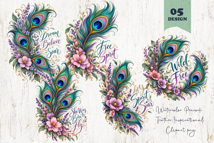 Watercolor Peacock Feather Inspirational Clipart PNG