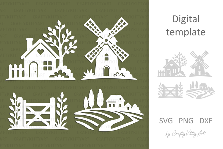 Farm Laser Paper cutting SVG: Farmhouse, Windmill, Barn