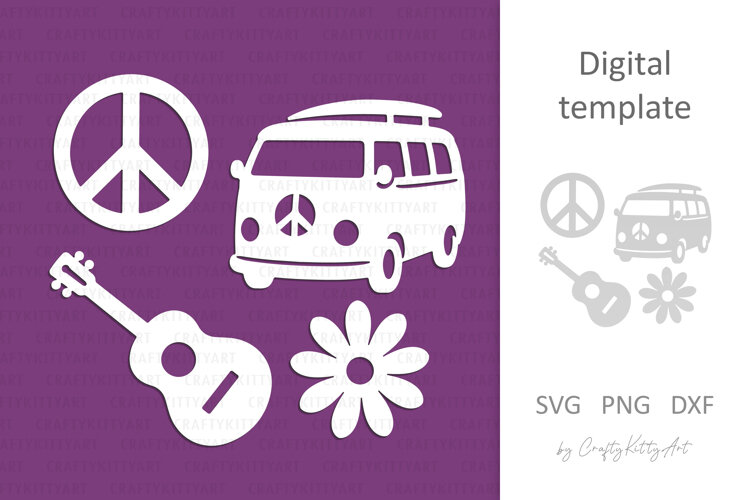 Hippie Laser cut SVG: Peace sign, Camper van, Guitar, Daisy example image 1