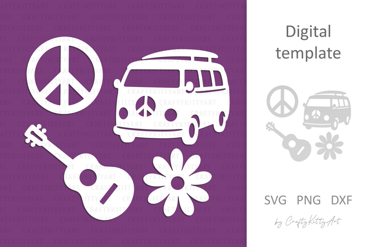 Hippie Laser Paper cutting SVG: Peace, Camper van, Guitar