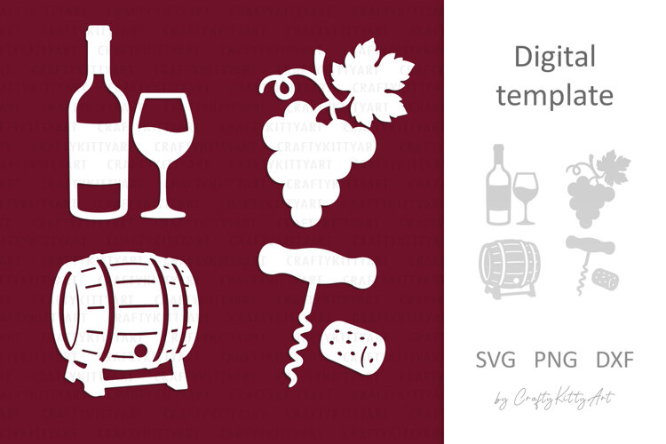 Wine Laser Paper cutting SVG: bottle glass grapes corkscrew example image 1