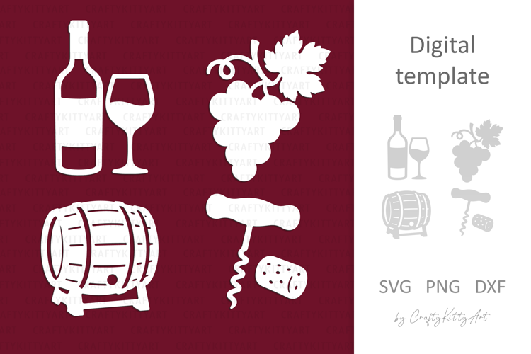 Wine Laser Paper cutting SVG: bottle glass grapes corkscrew