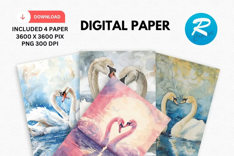 Watercolor Swan Digital Paper, Swan Background