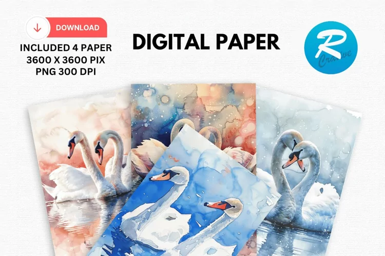 Watercolor Swan Digital Paper, Swan Background