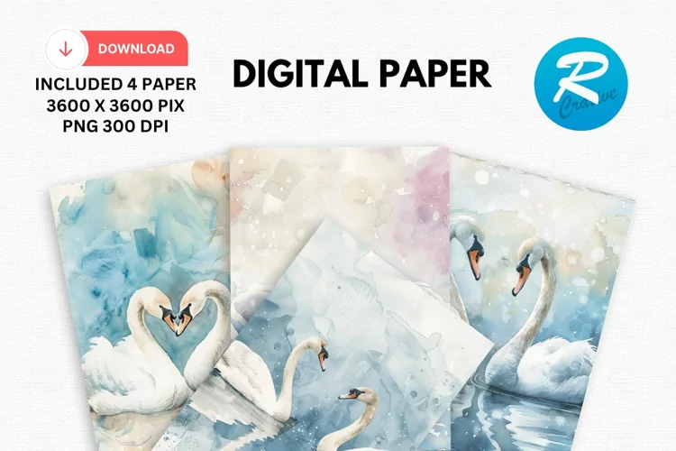 Watercolor Swan Digital Paper, Swan Background