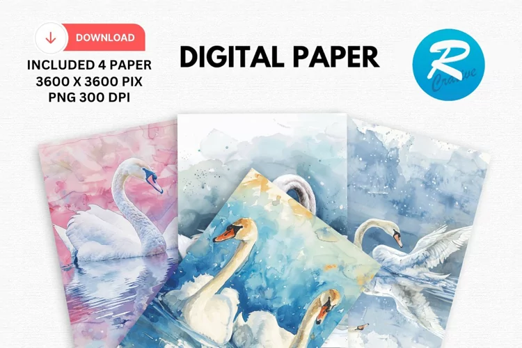 Watercolor Swan Digital Paper, Swan Background