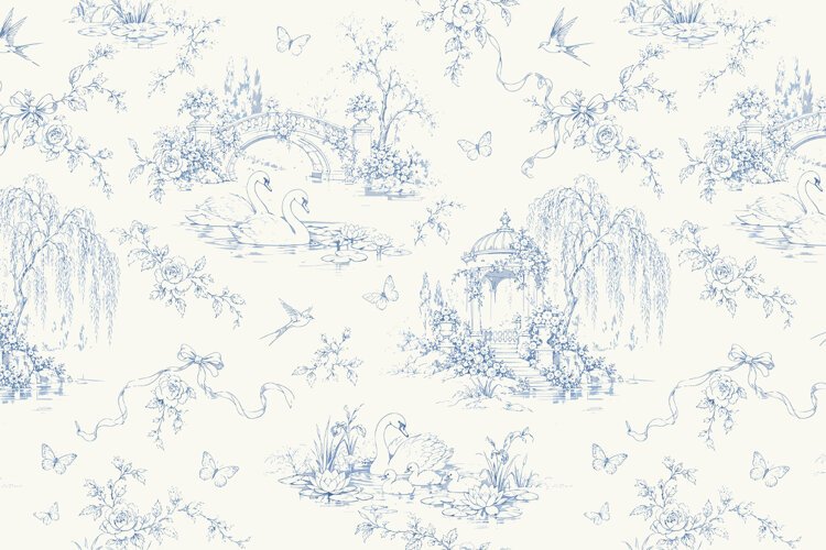 Vintage Blue Toile de Jouy Swan Lake Seamless Pattern example image 1