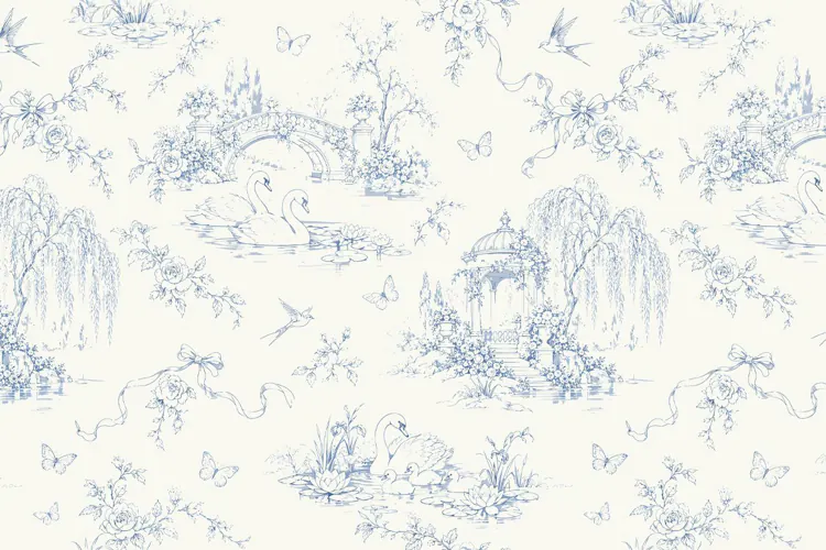 Vintage Blue Toile de Jouy Swan Lake Seamless Pattern
