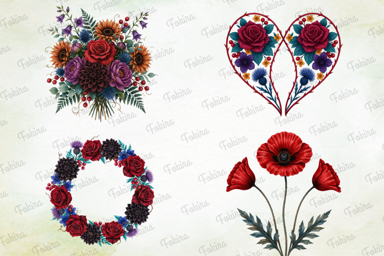 Gothic Floral Watercolor Clipart PNG, gothic floral clipart example image 1