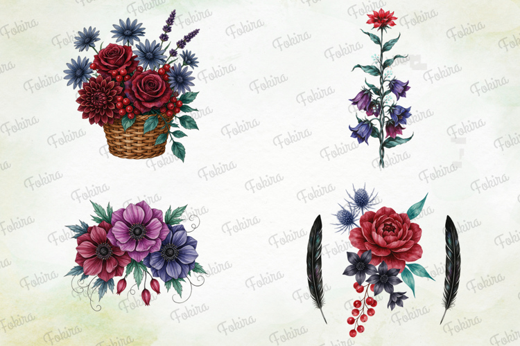 Gothic Floral Watercolor Clipart PNG, gothic floral clipart