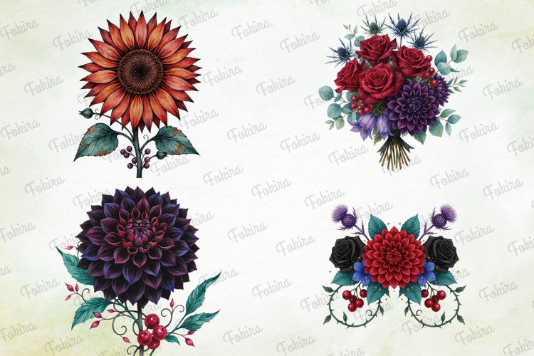 Gothic Floral Watercolor Clipart PNG, gothic floral clipart