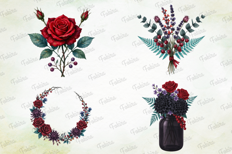 Gothic Floral Watercolor Clipart PNG, gothic floral clipart