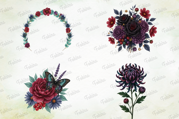 Gothic Floral Watercolor Clipart PNG, gothic floral clipart