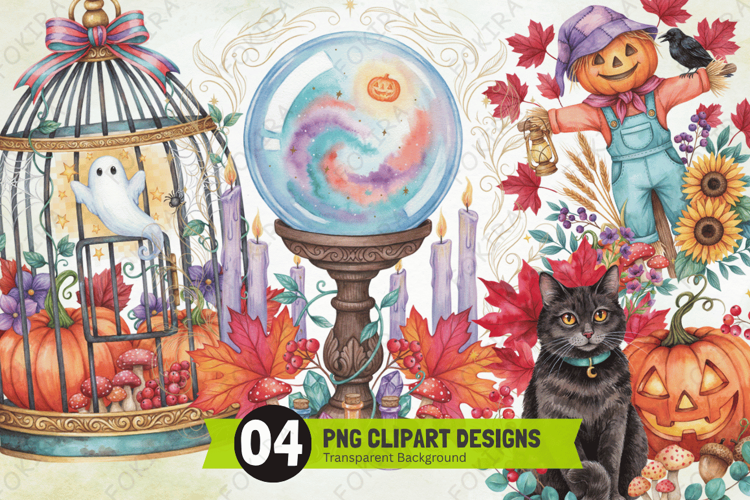 watercolor halloween clipart, spooky harvest clipart png,