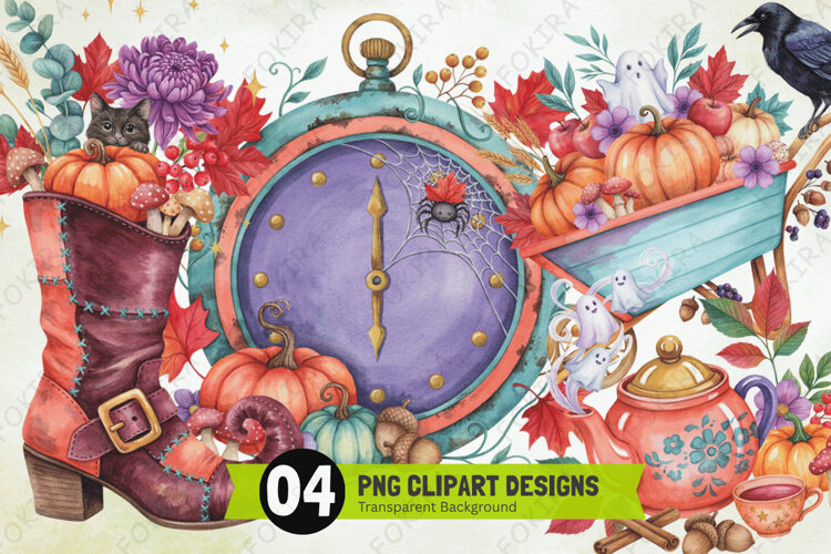 watercolor halloween clipart, spooky harvest clipart png, example image 1