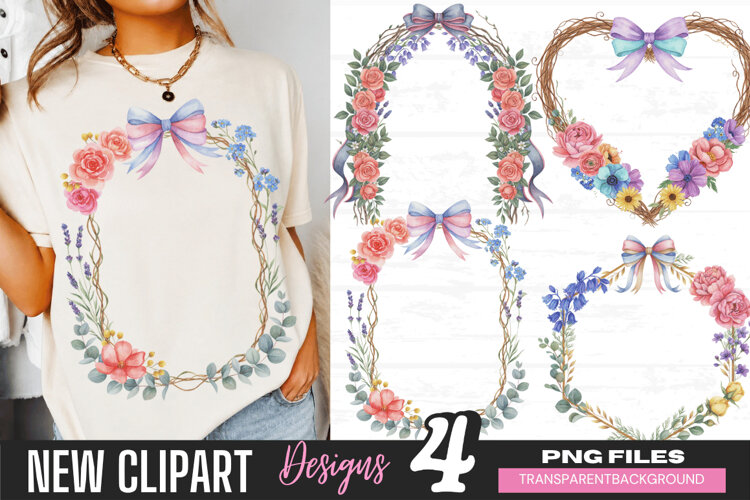 Floral Wreath Bow Clipart png, floral wreath clipart png, example image 1