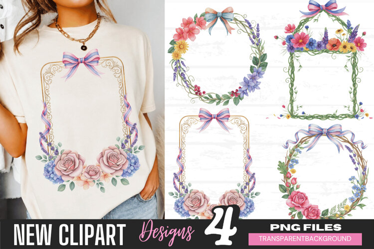 Floral Wreath Bow Clipart png, floral wreath clipart png, example image 1