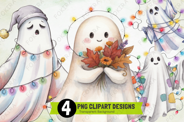 ghost with christmas lights png, colorful ghost clipart png