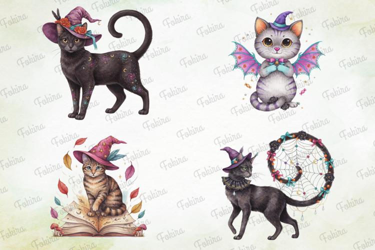 Enchanted Halloween Cats Clipart PNG, enchanted halloween