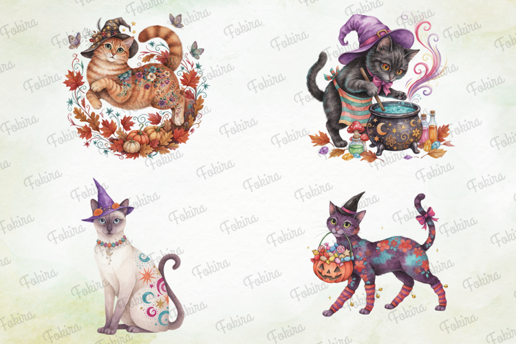 Enchanted Halloween Cats Clipart PNG, enchanted halloween