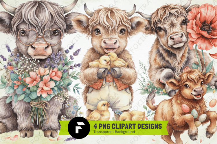 Easter Highland Cow Clipart PNG, easter highland cow clipart