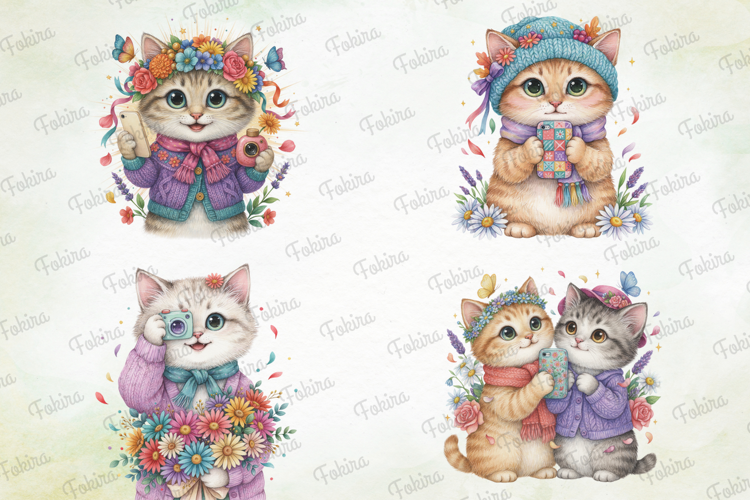 Floral Selfie Cat Clipart PNG, floral selfie cat clipart png