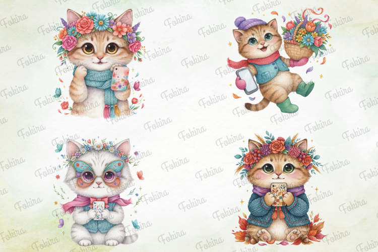 Floral Selfie Cat Clipart PNG, floral selfie cat clipart png