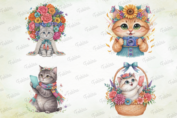 Floral Selfie Cat Clipart PNG, floral selfie cat clipart png