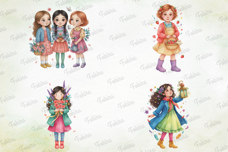 Bloom Giggles Girls Clipart, cute girl clipart, watercolor