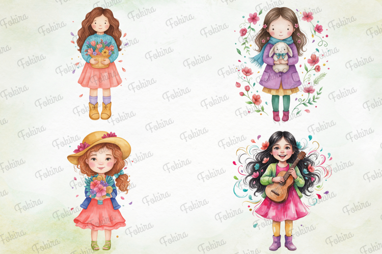 Bloom Giggles Girls Clipart, cute girl clipart, watercolor