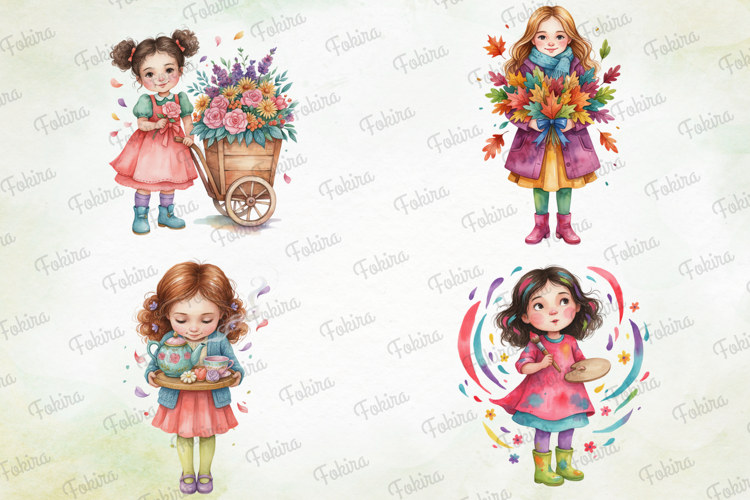 Bloom Giggles Girls Clipart, cute girl clipart, watercolor
