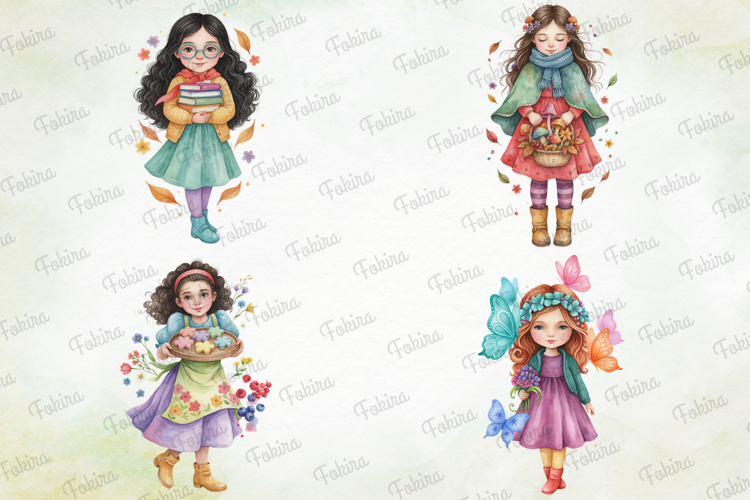 Bloom Giggles Girls Clipart, cute girl clipart, watercolor