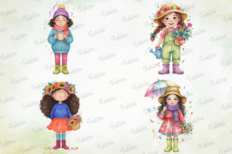 Bloom Giggles Girls Clipart, cute girl clipart, watercolor