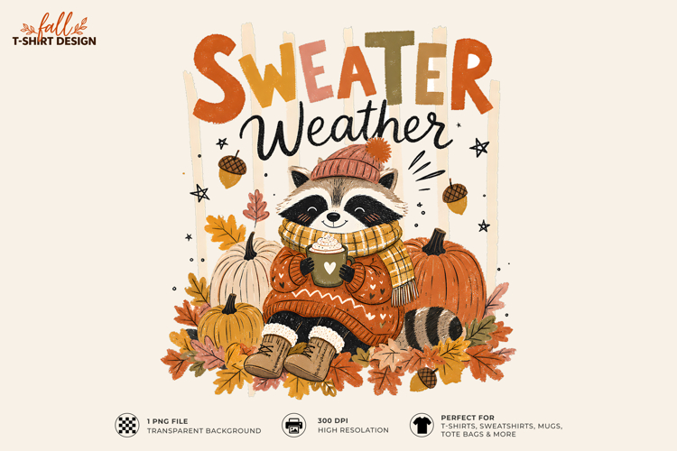 Sweater Weather Raccoon Fall Sublimation PNG T-Shirt Design